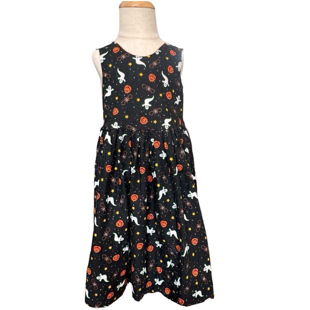 Handmade Girls Orange Black Ghost Pumpkin Print Sleeveless Halloween Dress. 5.